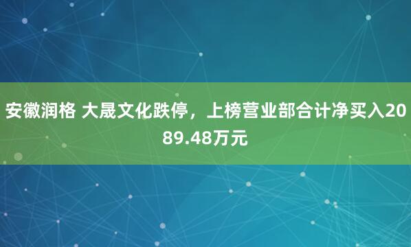 安徽润格 大晟文化跌停，上榜营业部合计净买入2089.48万元